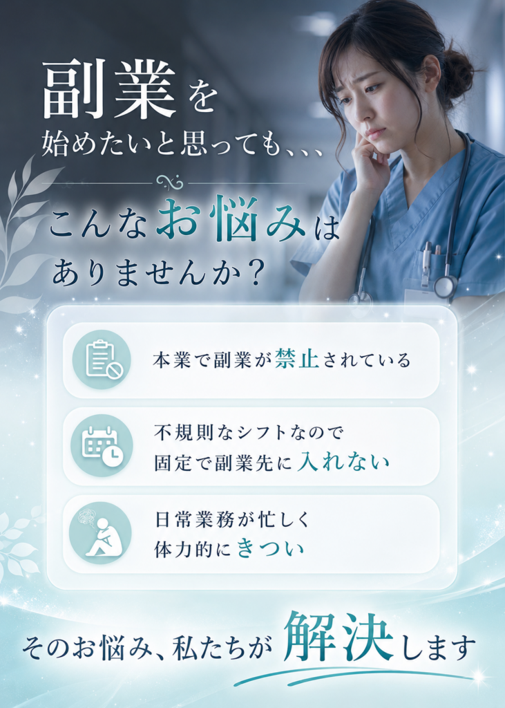 副業を始めたくても、本業で副業禁止・不規則なシフト・体力的にきついといった看護師のお悩み