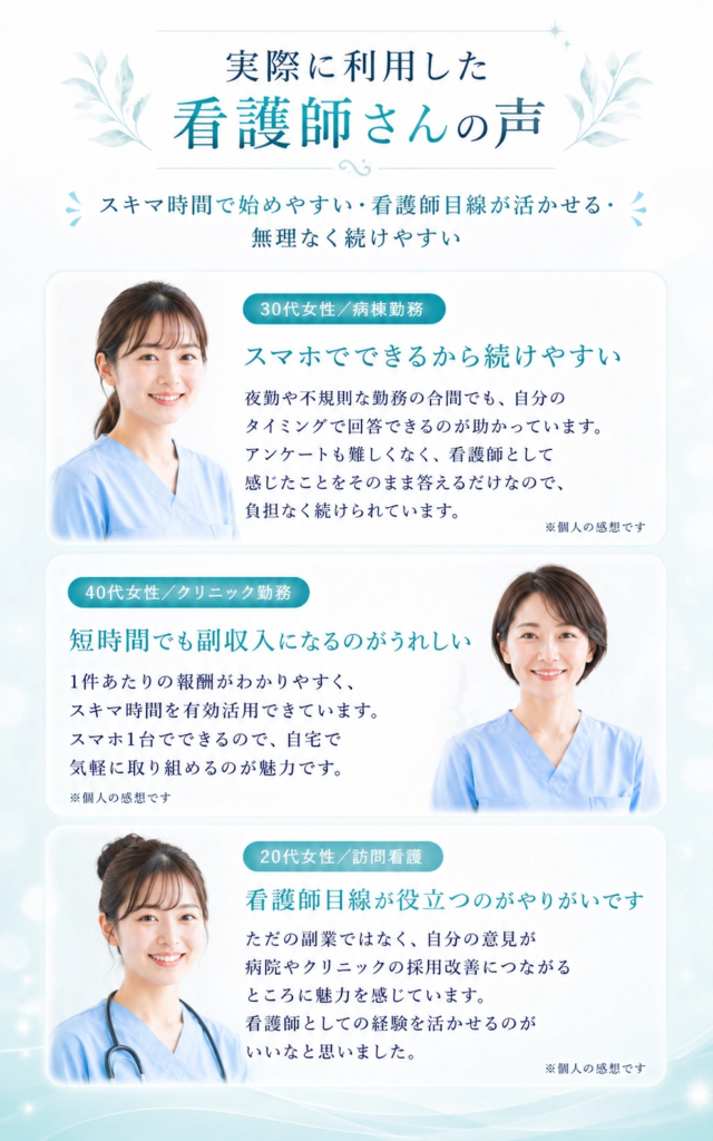 実際に利用した看護師さんの声（30代病棟勤務・40代クリニック勤務・20代訪問看護）